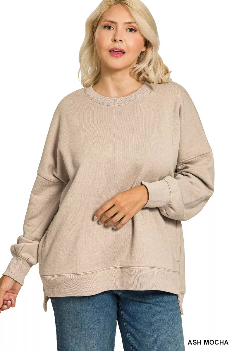 Zenana Fleece Hi-Low Boyfriend Sweatshirt with Pockets