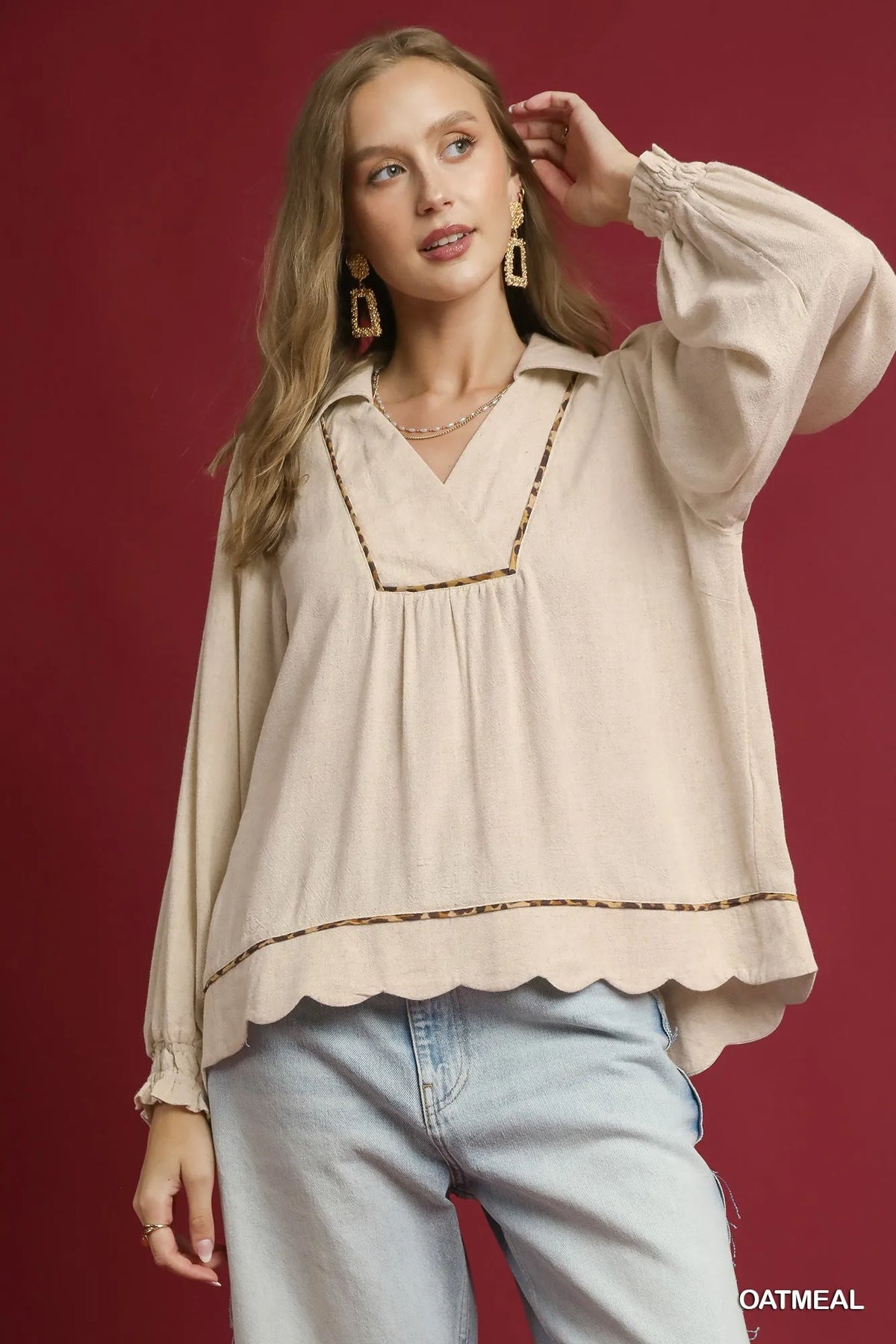 Linen Scallop Hem Blouse Contrast Trim Women’s Chic Casual Plus Top