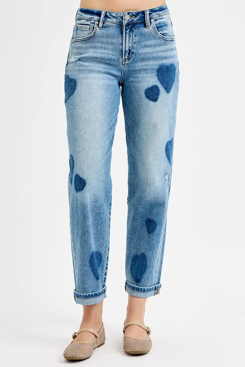 Heart Print Boyfriend Jeans – Light Wash Relaxed Fit Denim