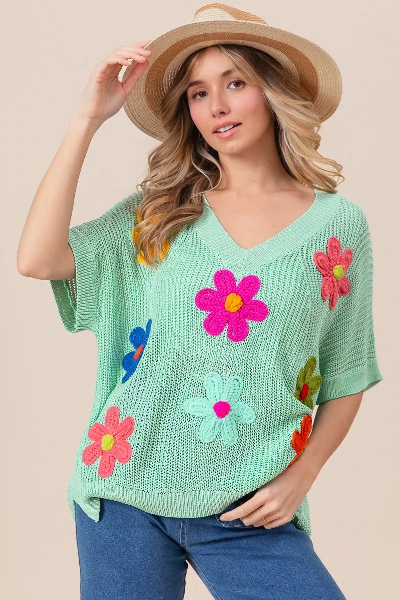 BiBi Flower Patch Dolman Sleeve Sweater – Lightweight Chic Style