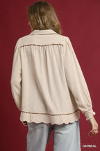 Linen Scallop Hem Blouse Contrast Trim Women’s Chic Casual Plus Top