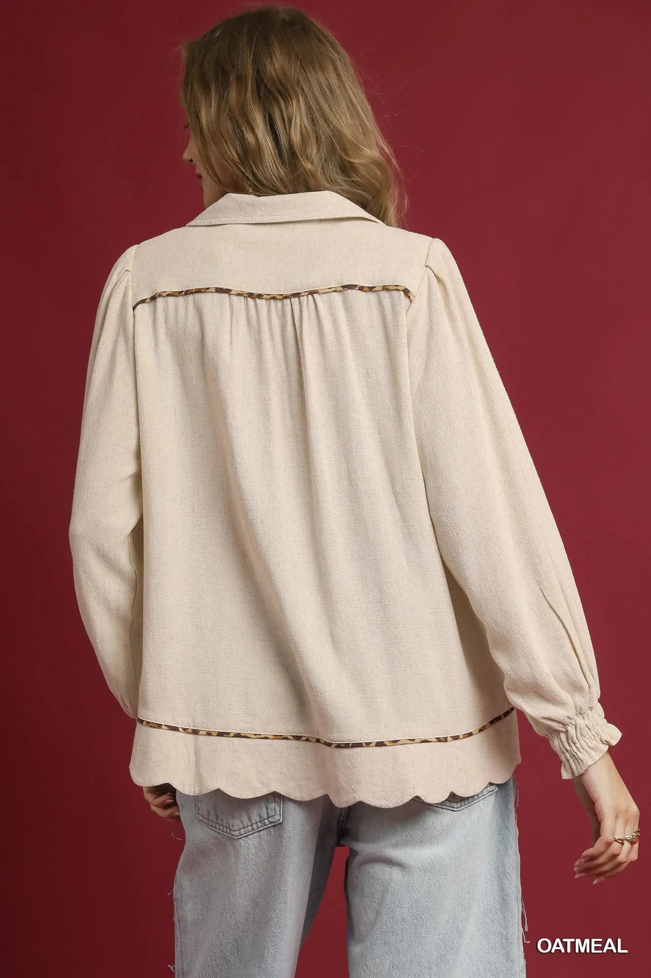 Linen Scallop Hem Blouse Contrast Trim Women’s Chic Casual Plus Top