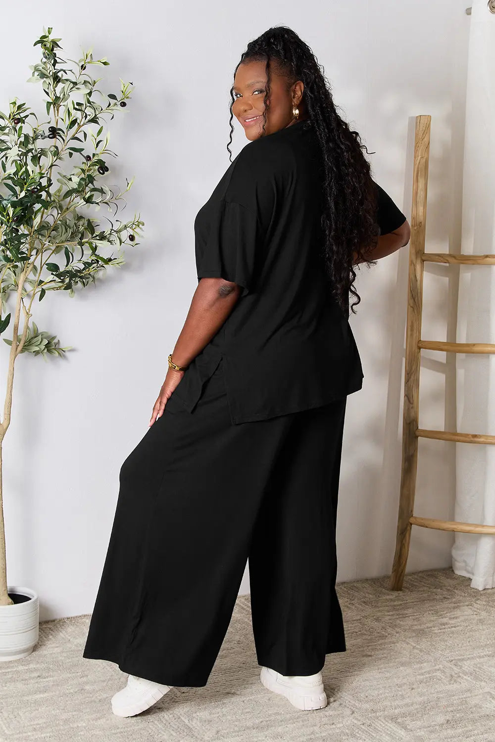 Chic Round Neck Slit Top & Pants Set – Stylish, Comfy & Versatile