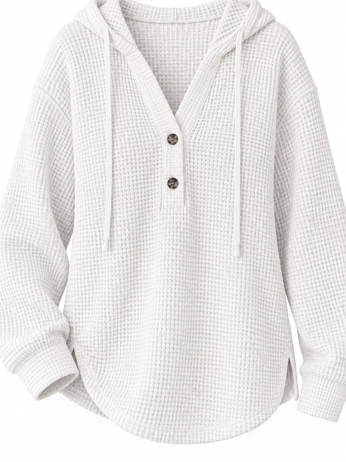 White waffle-knit button hoodie with hood and front button placket; textured fabric.