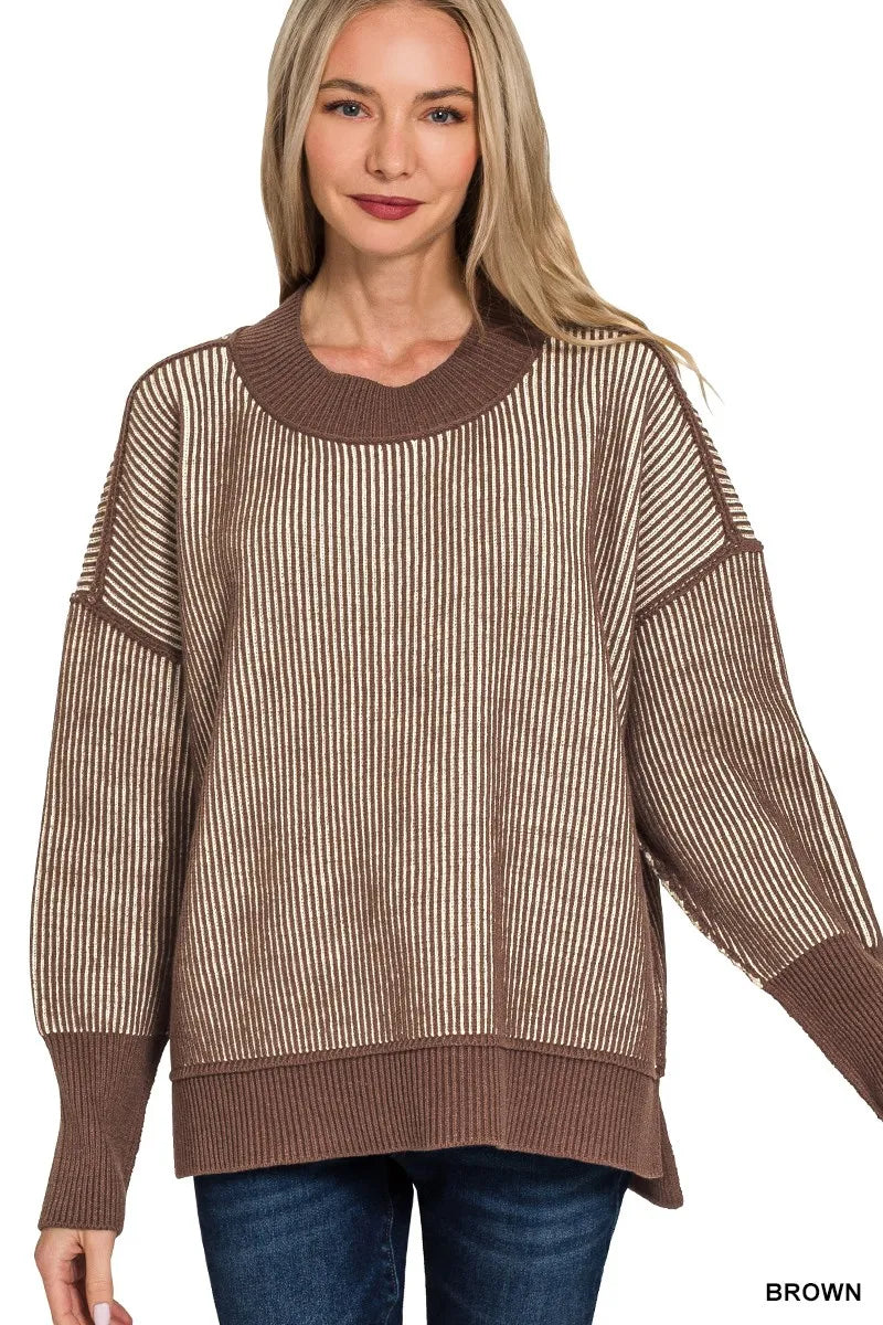 Exposed Seam Two Tone Ribbed Sweater – Trendy Winter Knitwear