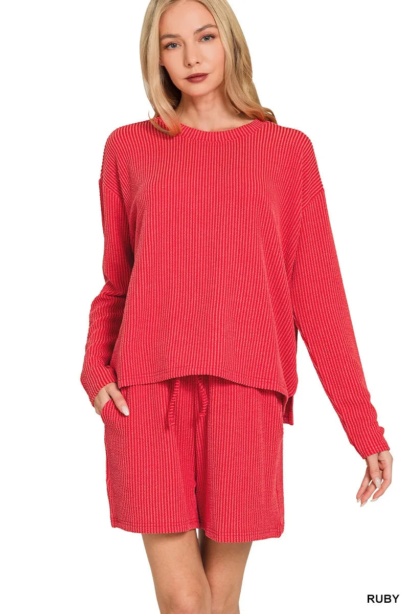 Corded Rib Long Sleeve Tee & Shorts Set – Casual Coordinated Outfit