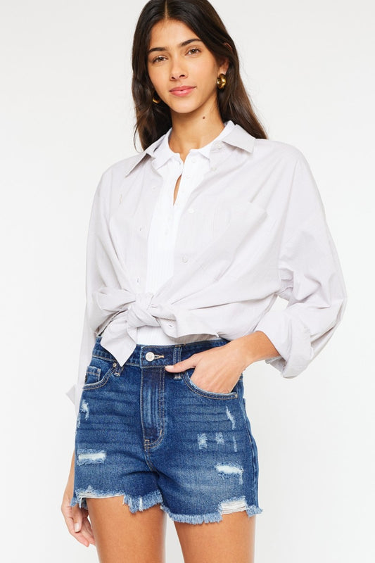 Kan Can High Rise Frayed Hem Denim Shorts