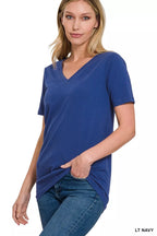 Women’s light navy V-neck short-sleeve T-shirt with soft drape