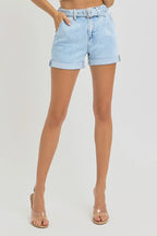 Dreamkue-Risen Women’s High Rise Belted Roll Up Denim Shorts Casual Shorts