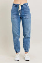 Judy Blue Women's High Waist Denim Joggers Stretchy Drawstring Waist Casual Jeans