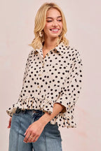 BiBi Polka Dot Peplum Top – Cute Front Button Feminine Chic Style