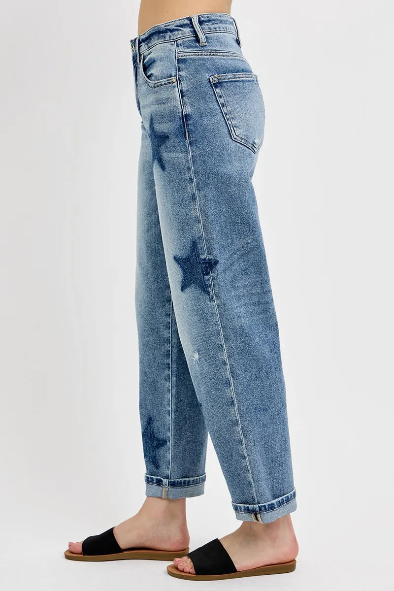 Dreamkue-Risen Women's Mid Rise Boyfriend Jeans with Star Shadow Detail and Cuffed Hem