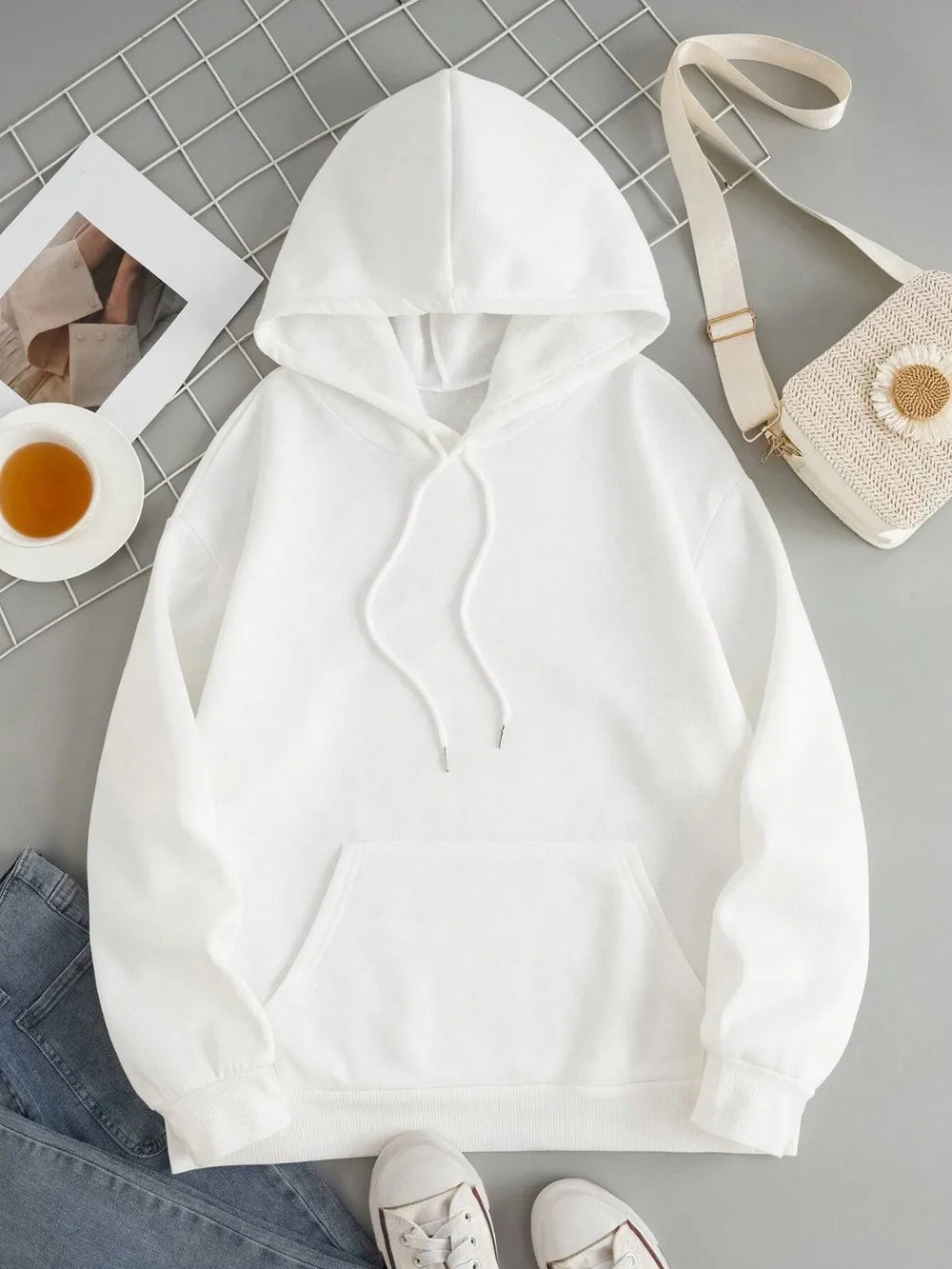 White drawstring dropped-shoulder hoodie with front kangaroo pocket and hood