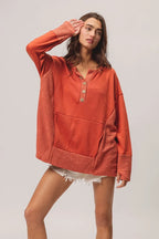 French Terry Henley Top with Side Block Detail & Button Accents