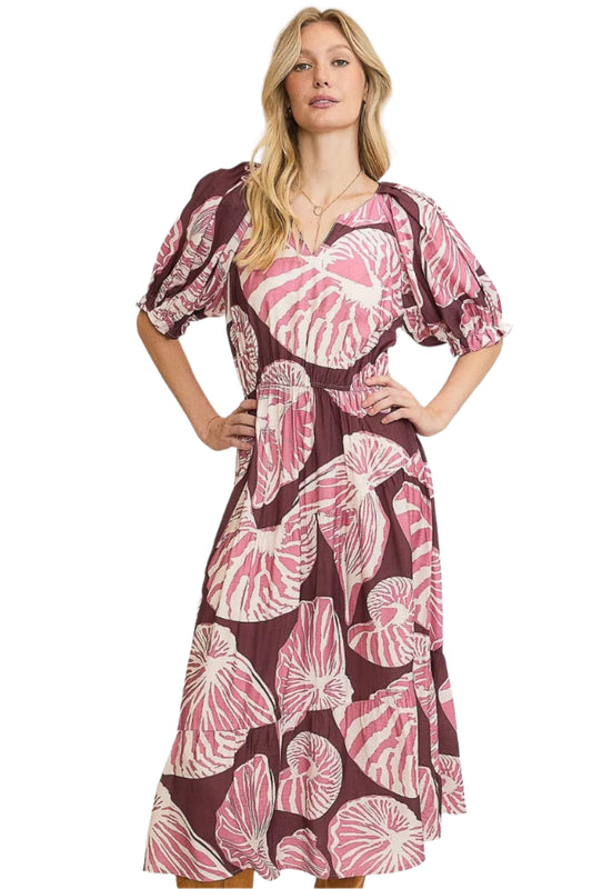 Umgee Printed Notched Puff Sleeve Midi Dress