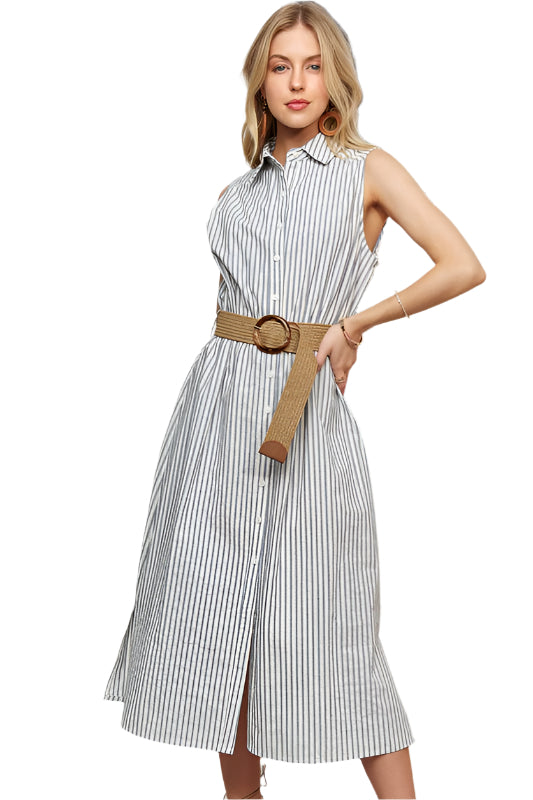 ADORA Striped Button Down Sleeveless Midi Dress