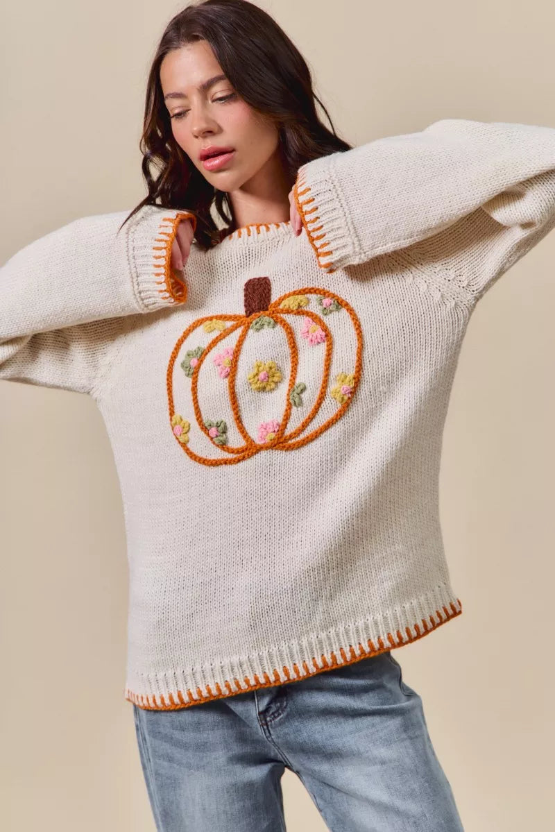 Pumpkin Floral Embroidered Thanksgiving Sweater – Festive Fall Knit