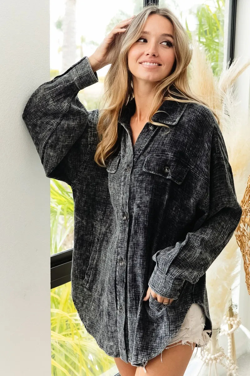 Oversized Distressed Denim Jacket – Vintage Wash & Raw Hem Style