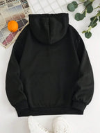 Black back view pullover hoodie with drawstring hood and ribbed hem and cuffs