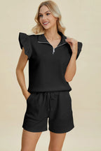 Textured Flounce Sleeve Top & Shorts Set – Stylish & Comfy 2-Piece