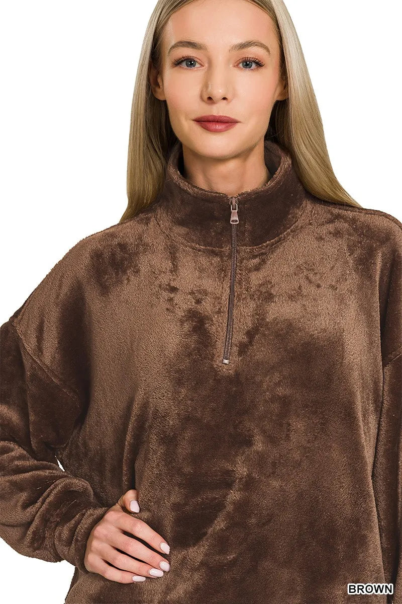 Zenana Faux Fur Half Zip Pullover – Cozy Pocketed Fleece Winter Essential