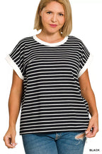 Women's black-and-white striped tee with white contrast collar and sleeve cuffs