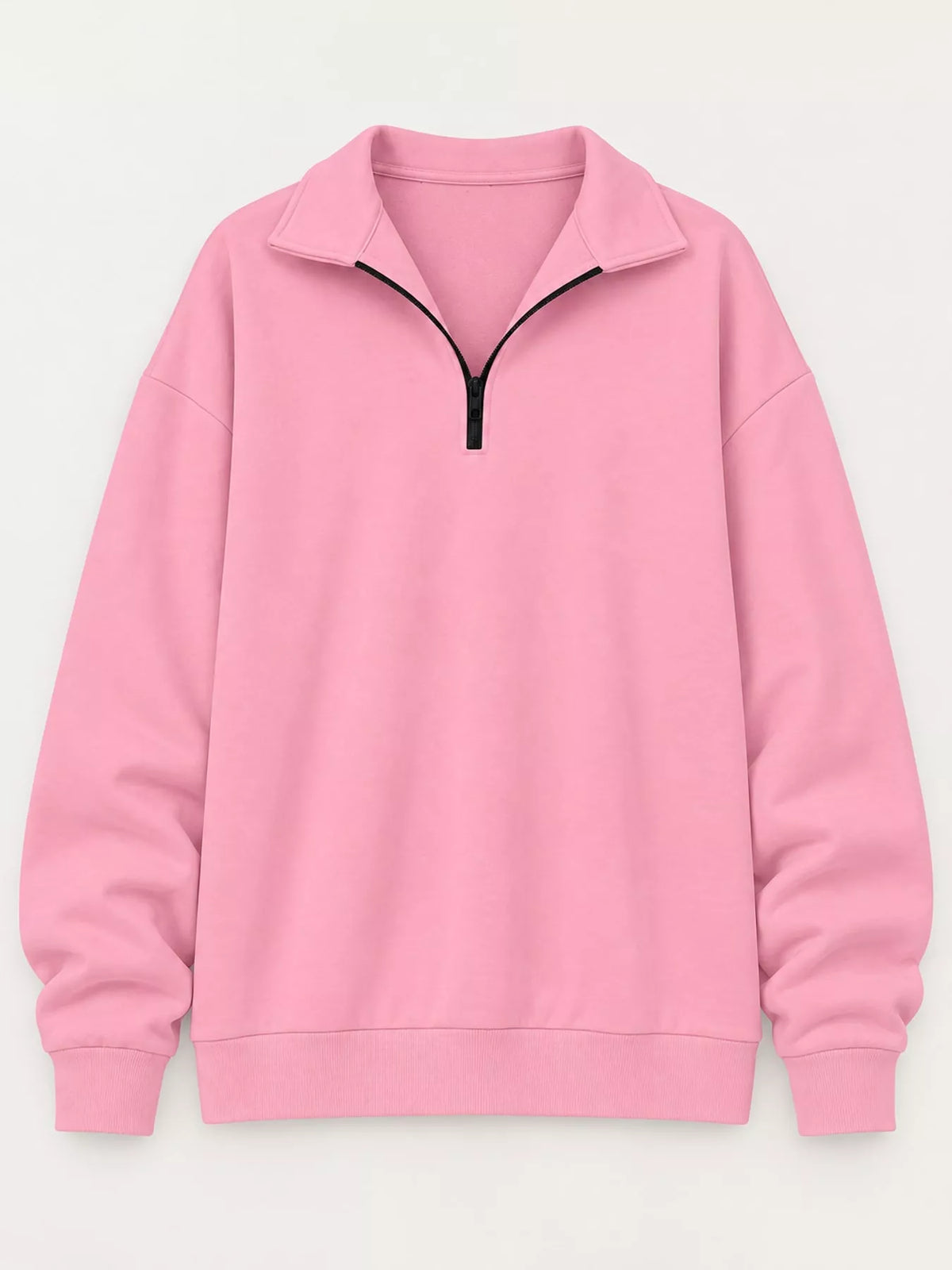 Pink oversized zip-neck sweatshirt with black half-zip and ribbed collar cuffs