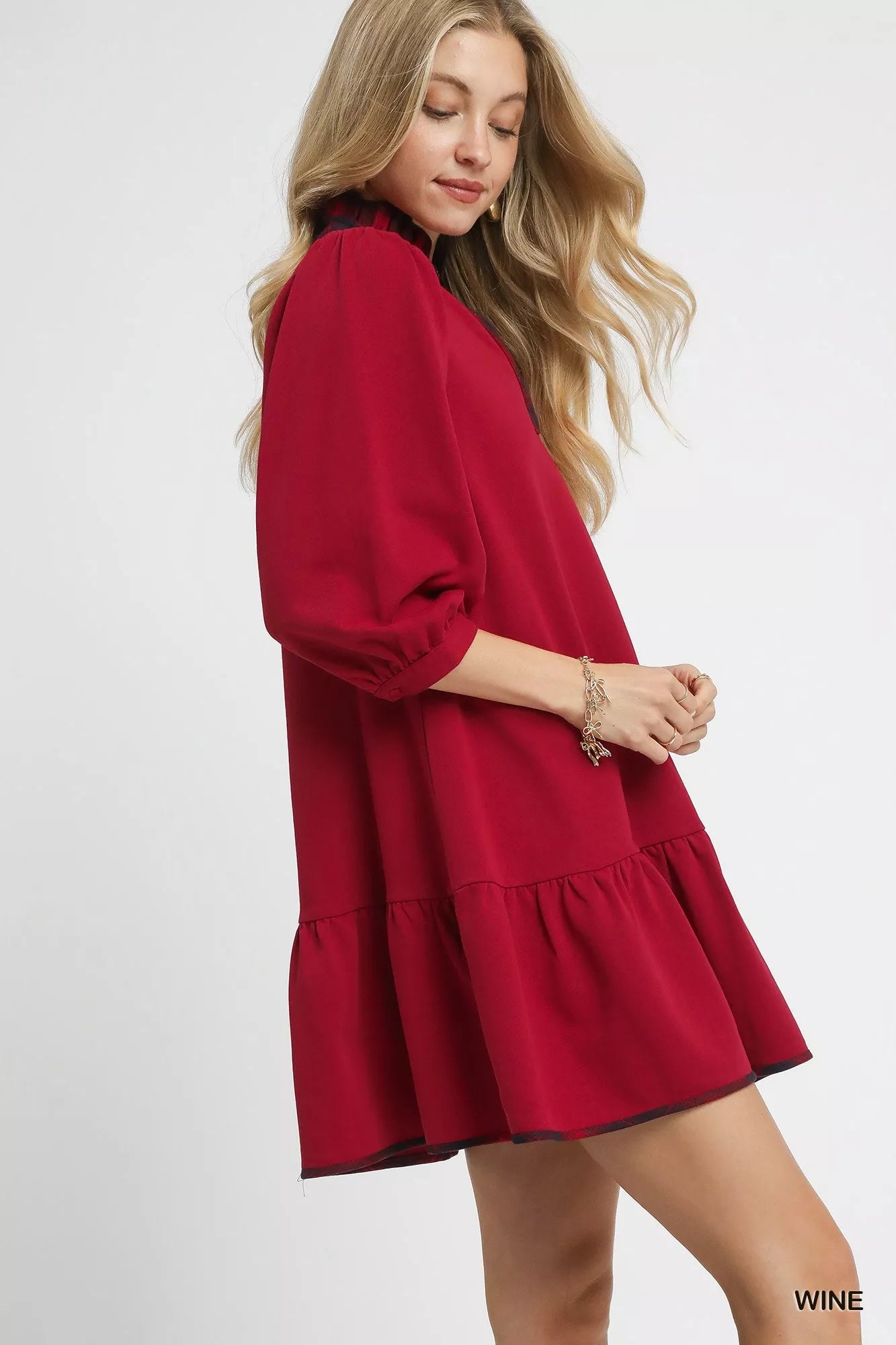 French Terry Ruffle Hem Dress with Plaid Trim | Stylish Women’s Casual Dress