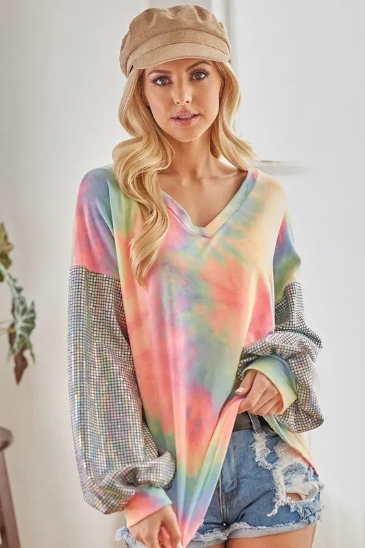 V-Neck Tie-Dye French Terry Top with Shimmer – Trendy & Cozy