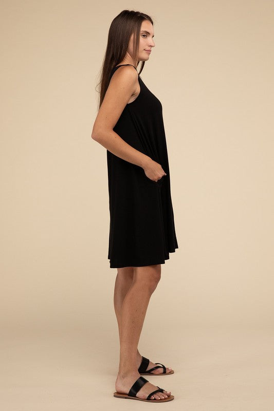 Zenana Sleeveless Flared Dress with Side Pockets