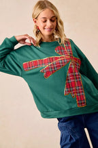 BiBi Plaid Ribbon Bow Christmas Fleece Pullover – Festive Cozy Holiday Top