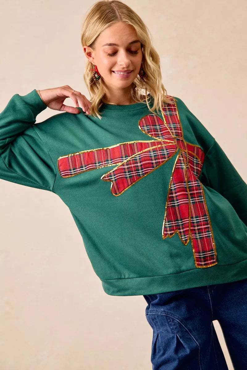 BiBi Plaid Ribbon Bow Christmas Fleece Pullover – Festive Cozy Holiday Top