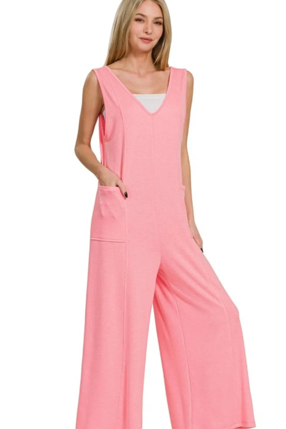 French Terry Deep V-Neck Jumpsuit – Soft, Stylish & Versatile