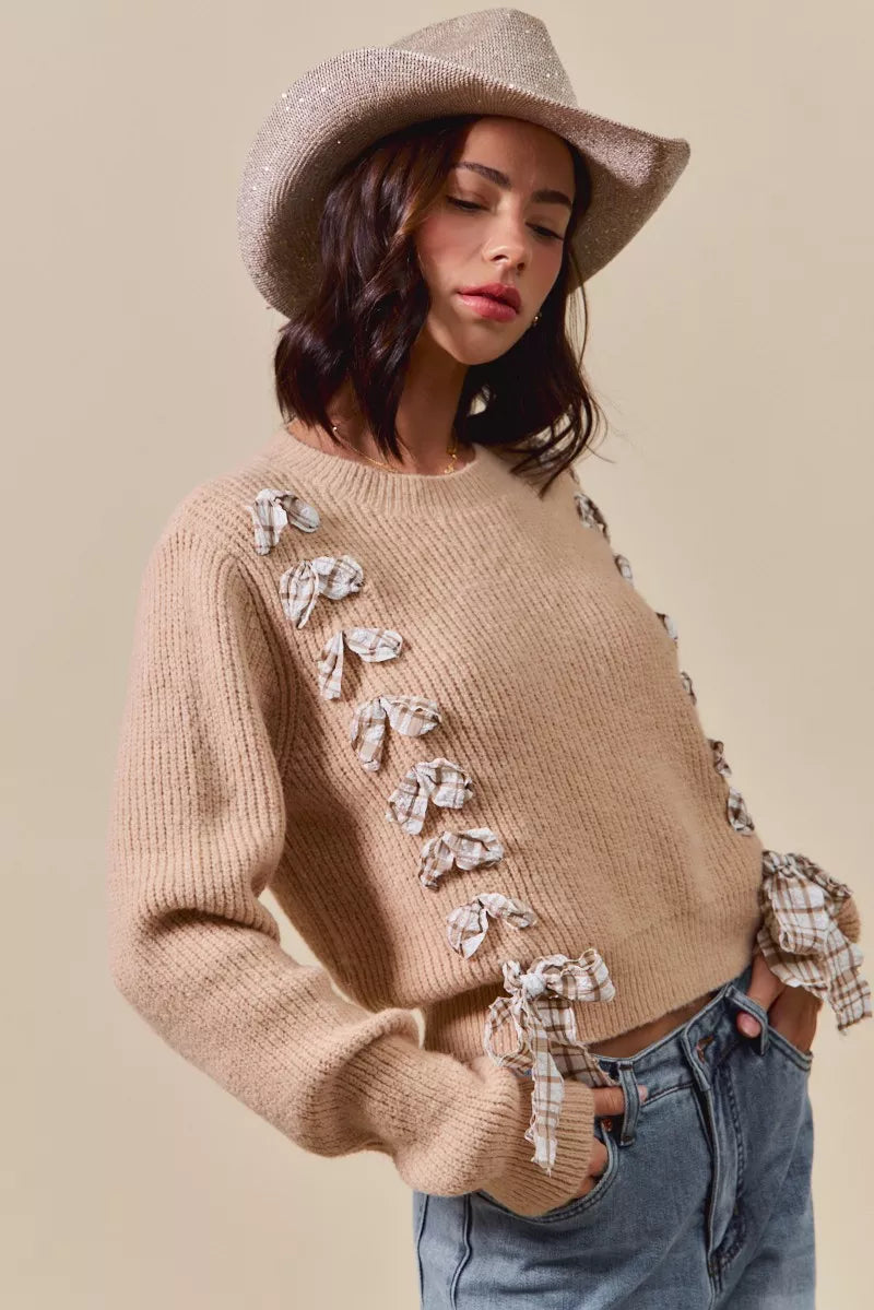 SO ME Checkered Plaid Lace Up Sweater – Trendy Ribbed Knit Style