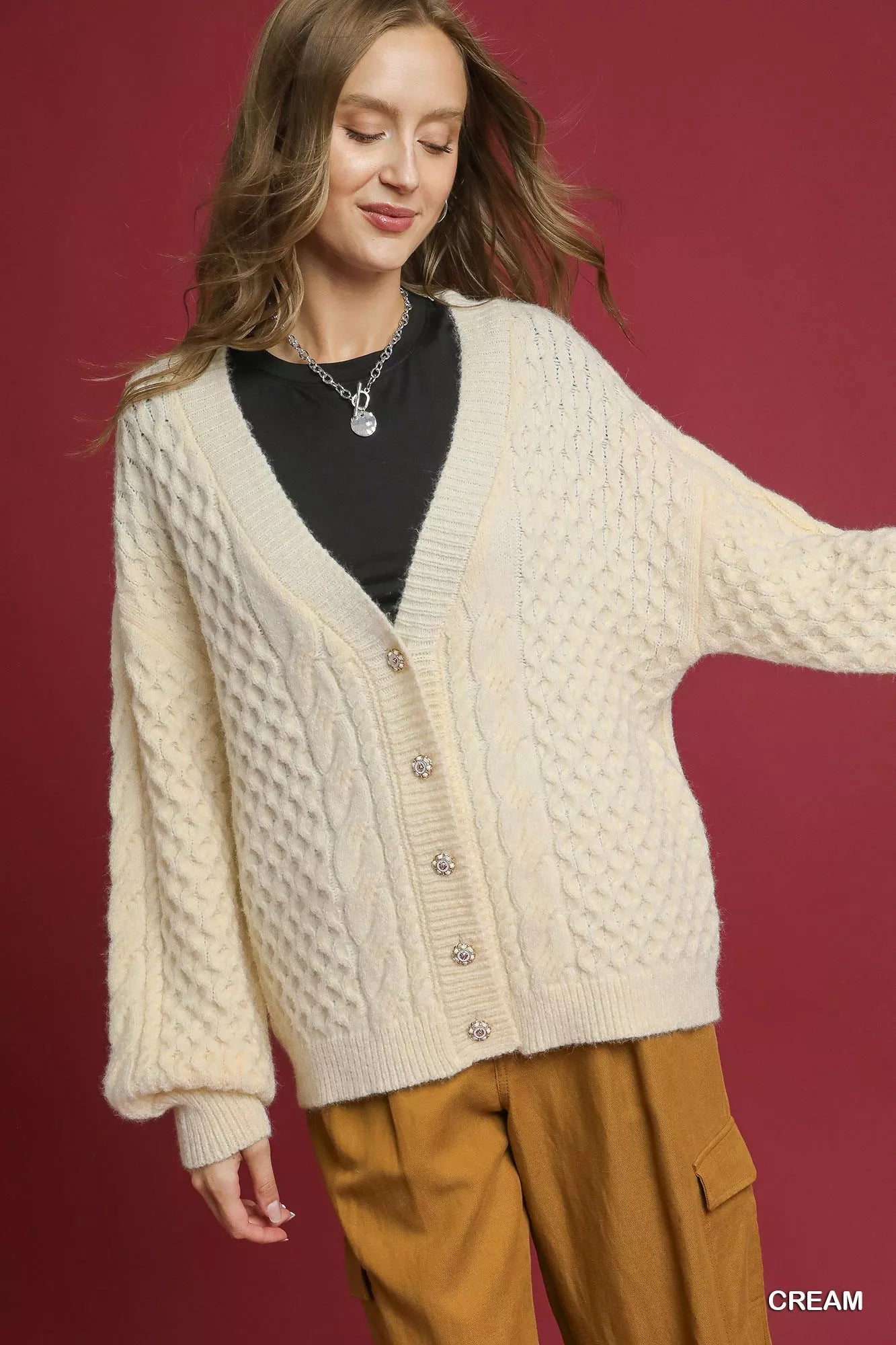 Umgee Cable Knit Pearl Button Cardigan – Elegant Cozy Classic Style
