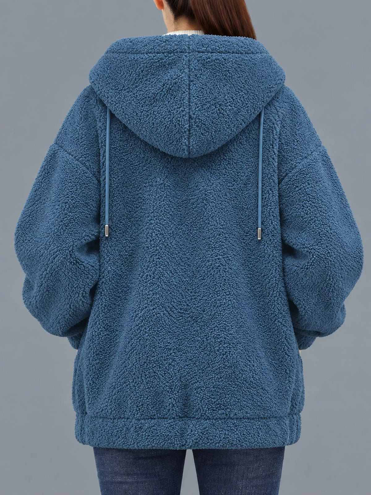 Blue fleece zip-up hoodie back view with hood and side pocket openings