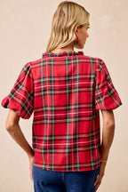 BiBi Christmas Plaid Ruffled Blouse – Festive Short Sleeve Holiday Top