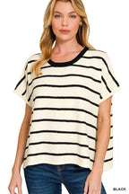 Striped oversize sweater top with short sleeves, black and cream horizontal stripes