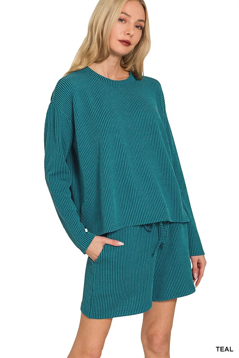 Corded Rib Long Sleeve Tee & Shorts Set – Casual Coordinated Style