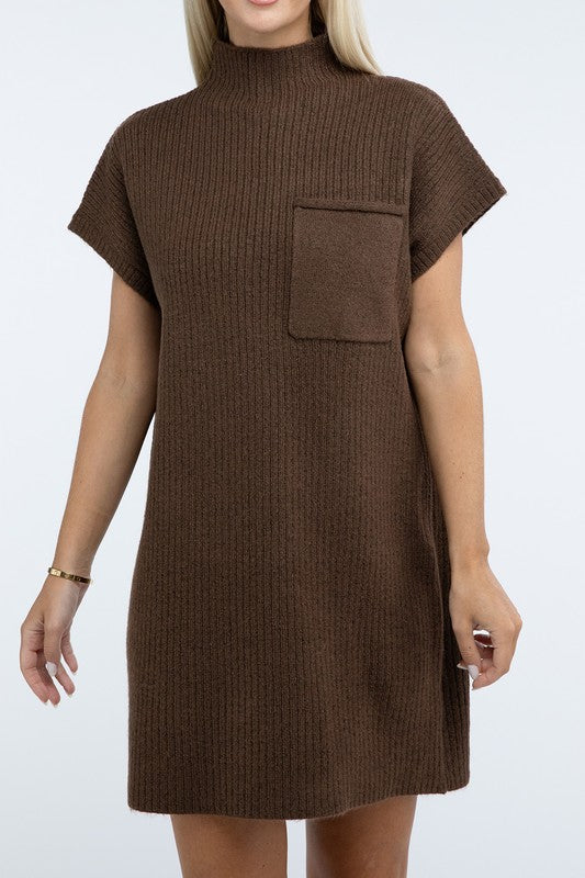 Zenana Mock Neck Short Sleeve Sweater Dress with Pocket