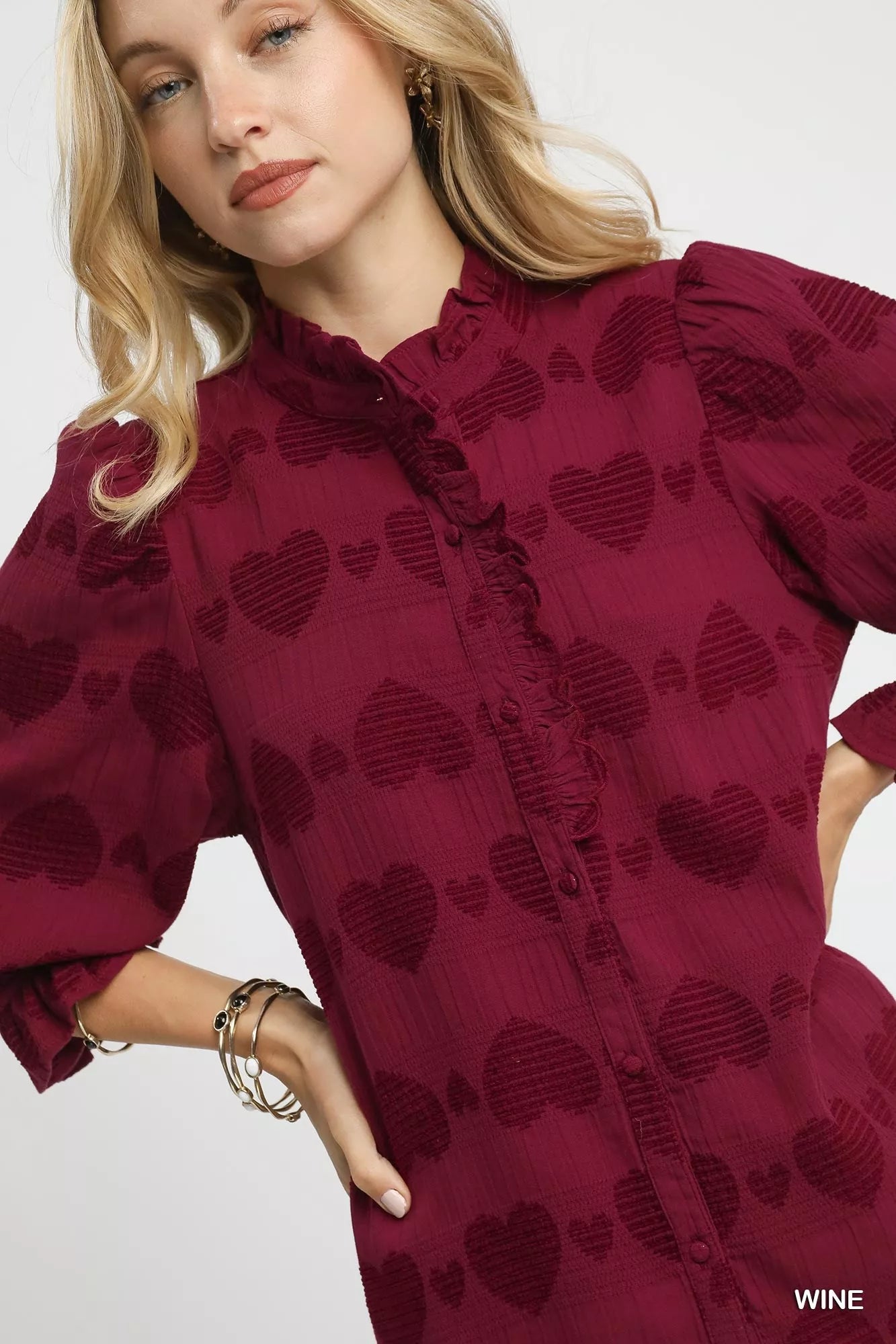 Heart Jacquard Ruffle Trim Shirt | Feminine Women’s Romantic Chic Top