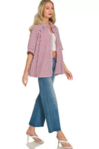 Women’s oversized striped button-down shirt, burgundy and white vertical stripes, relaxed fit