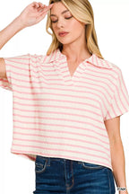 Women’s pink striped split-neck collared top with short sleeves