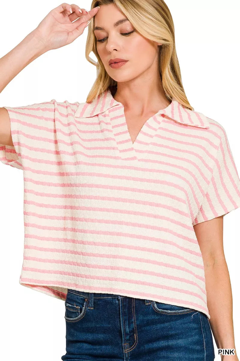Women’s pink striped split-neck collared top with short sleeves