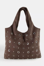 Large suede shoulder tote in dark brown with silver grommet eyelets and short handles