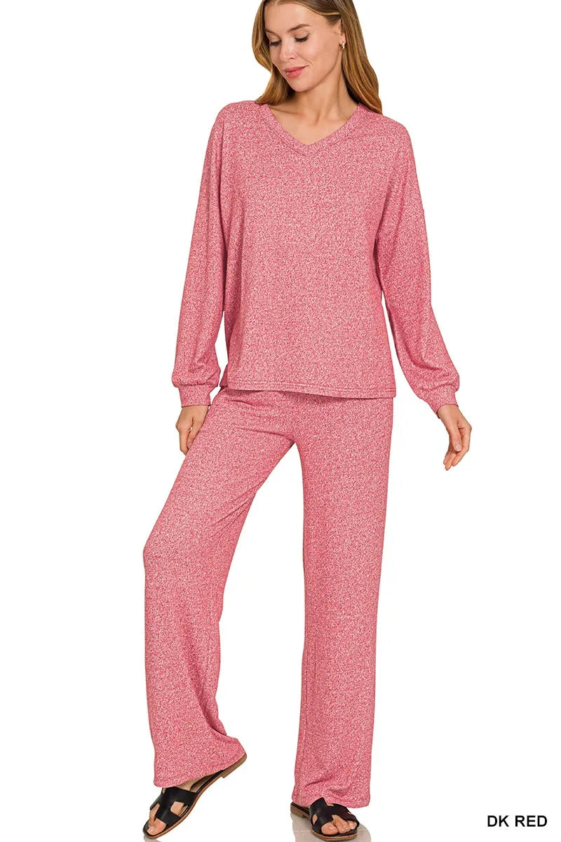 Zenana Soft Heathered Knit Loungewear Set – Red Comfort