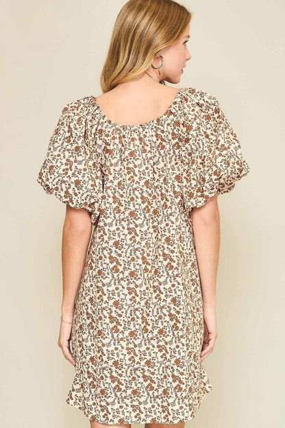 Umgee Lace Tape Drawstring Floral Puff Sleeve Mini Dress