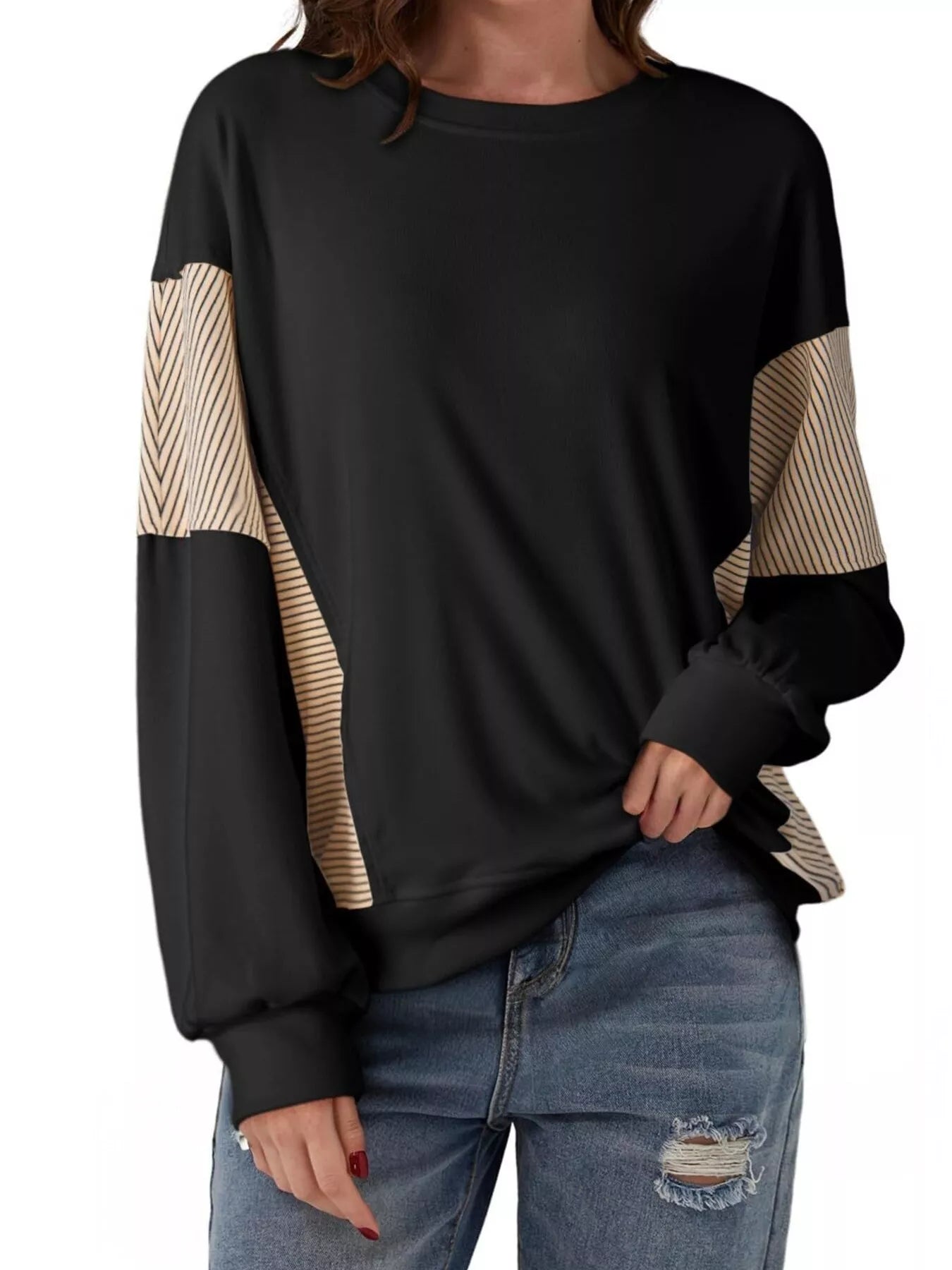 Striped Round Neck Long Sleeve Sweatshirt – Casual Cozy Style