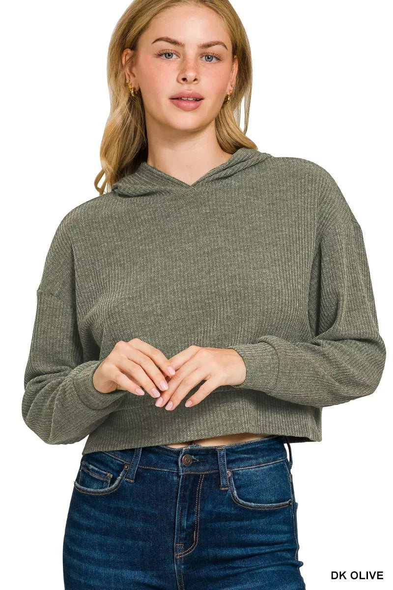 Drop Shoulder Ribbed Crop Hoodie