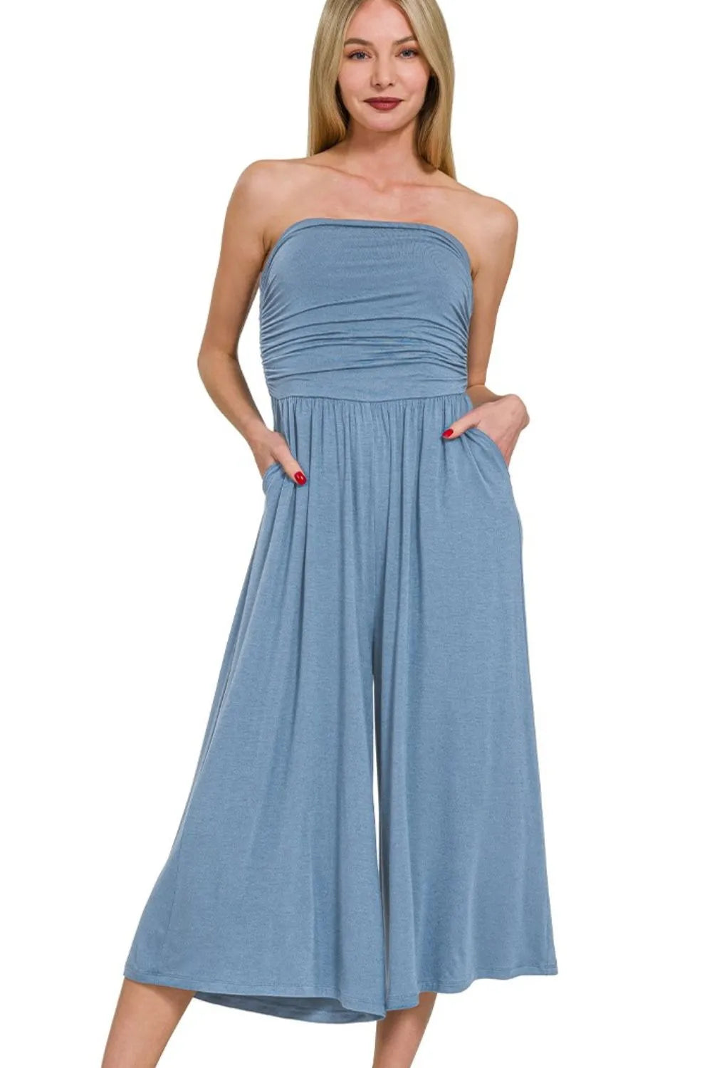 Heathered Blue Strapless Culotte Jumpsuit Ruched Top & Pockets